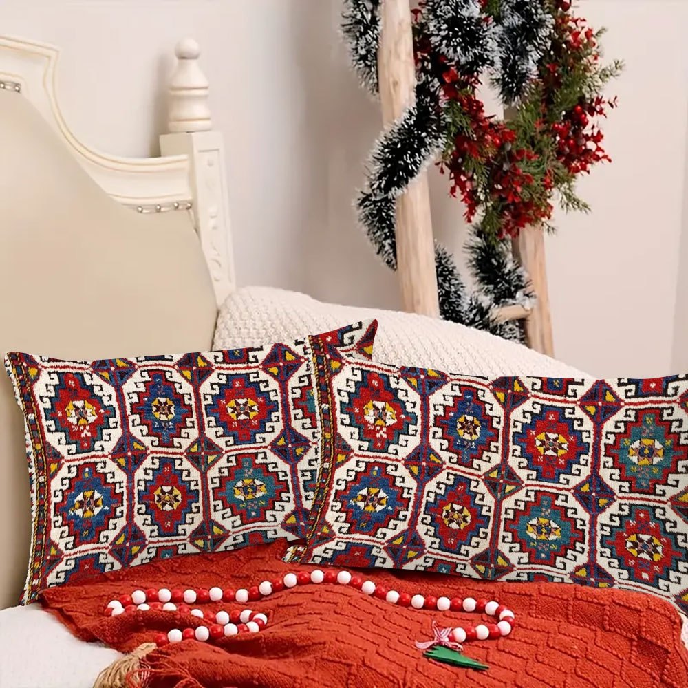 Two pieces of Bergama Northwest Anatolian Village print rectangular pillow covers, made of soft and durable polyester material. These two-sided covers measure 50.8x30.48 cm and are perfect for decorating your home, office, or for travel. Their