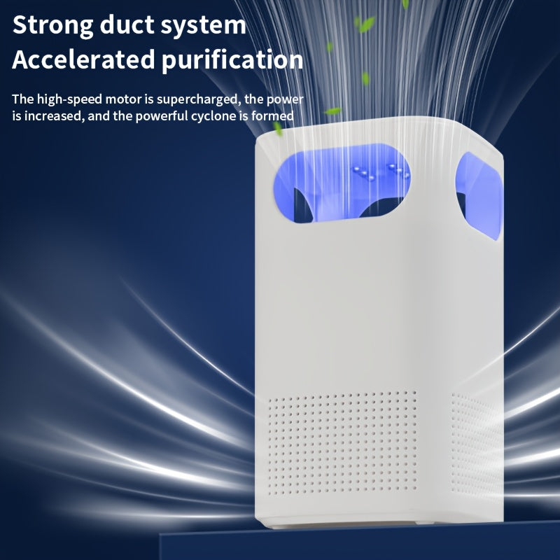 USB-powered air purifier with strong duct system, high-speed motors, quiet operation, and blue LED lights; ideal for bedroom, kitchen, and living room use.