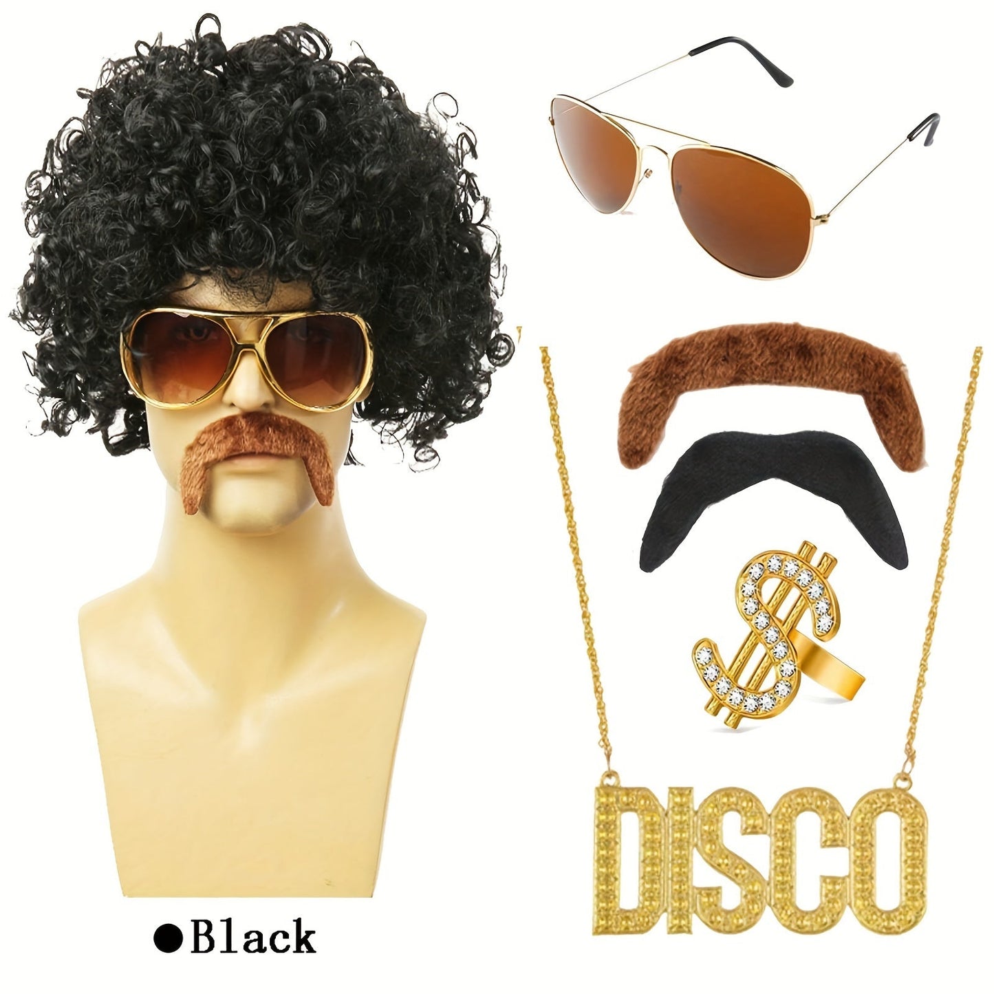 6-piece set of 70s 80s Disco Wig Costume Set features Disco Hippie Short Curly Wig, Disco Fashion Glasses, Moustache, and Faux Golden Chain Necklace perfect for Disco Men Party or Halloween Party Dressing Up.