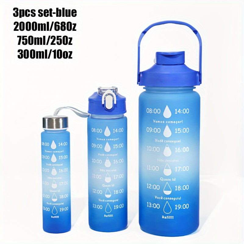 Set of 3 sports water bottles with time marker, leakproof design, and one-click open lid. Great for fitness and outdoor activities.