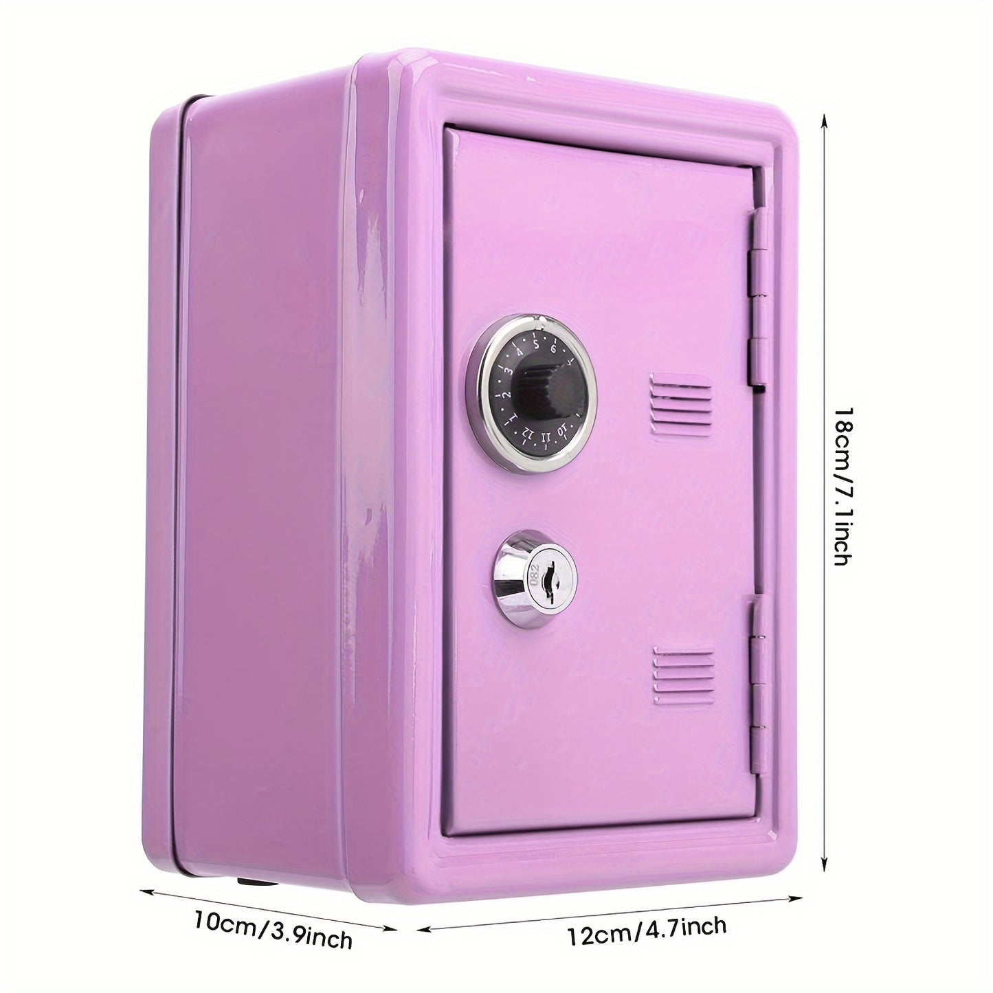 Secure metal money bank with key and combination lock for compact coin storage, ideal gift for cash storage or small gift.