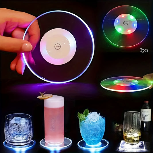 2 acrylic LED coasters with flashing colors for modern dining table decor.