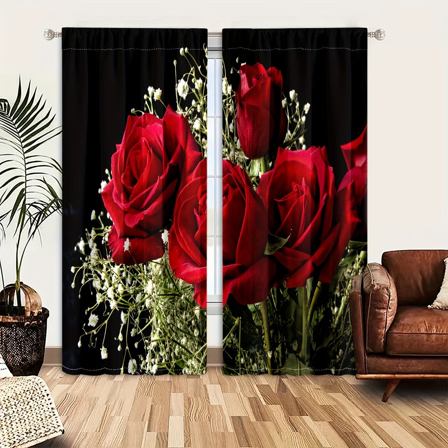 Enhance your living space with 2 stunning red rose-themed curtains for privacy and decoration. Perfect for Valentine's Day or any romantic occasion, these translucent curtains provide privacy and elegance in any bedroom or living room.