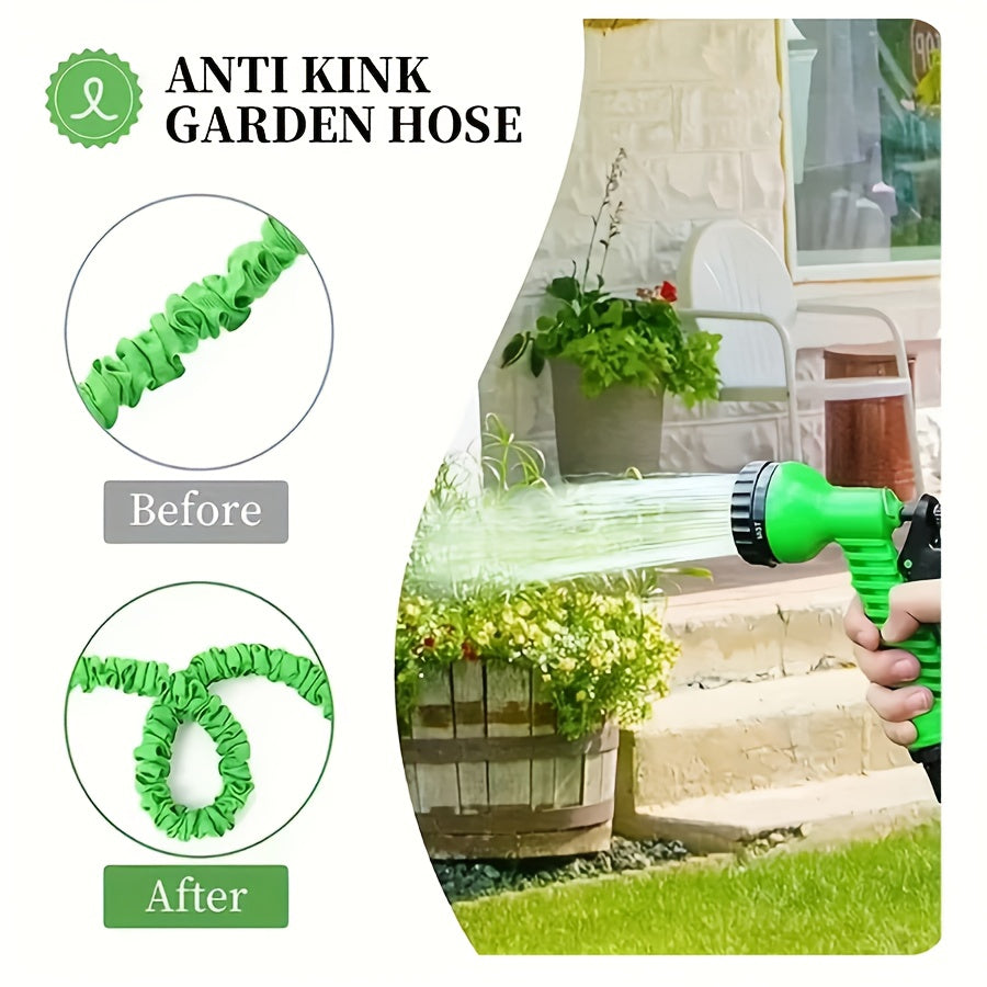 Magic Retractable Garden Hose with High Pressure and Multi-Function capabilities, includes extendable nozzle, rubber material, connectors, cleaning tool, and dust removal. Comes in