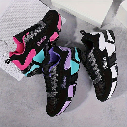 Women's Colorblock Sports Shoes: Casual lace-up sneakers for running and walking with breathable design.