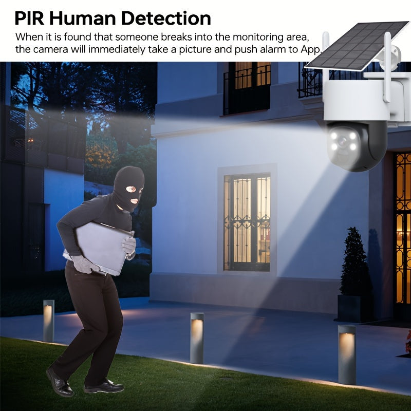 The ZHXINSD 4MP Solar-Powered Outdoor Security Camera offers wireless connectivity and WiFi capabilities, providing a 360° view with color night vision. It features a spotlight alarm and PIR sensor, along with a USB rechargeable battery. Compatible with