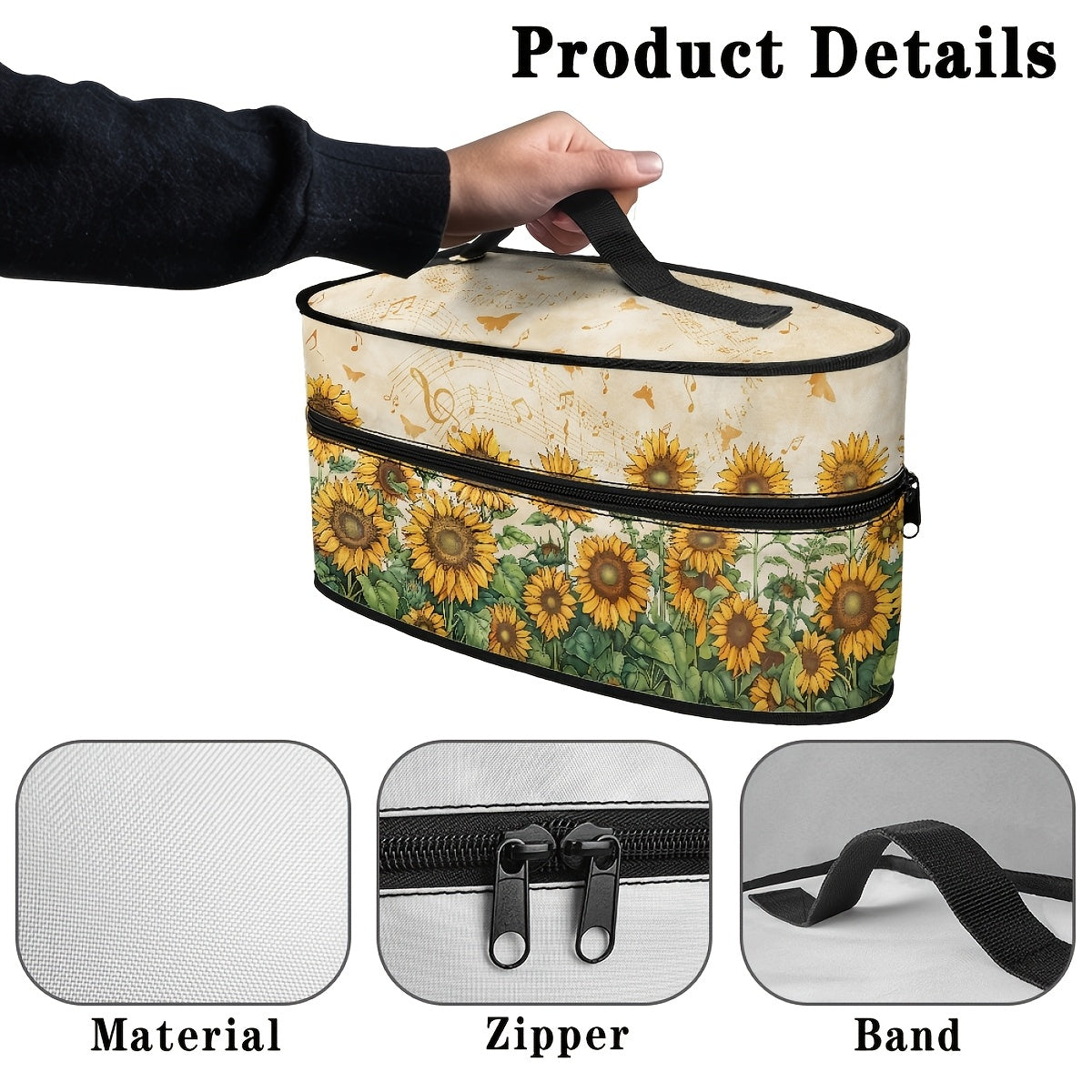 Portable iron storage bag featuring a sunflower pattern with dual zipper closure to keep your iron dust-proof while traveling. This durable organizer includes a handle for easy carrying and is non-electric, perfect for storing ironing accessories.