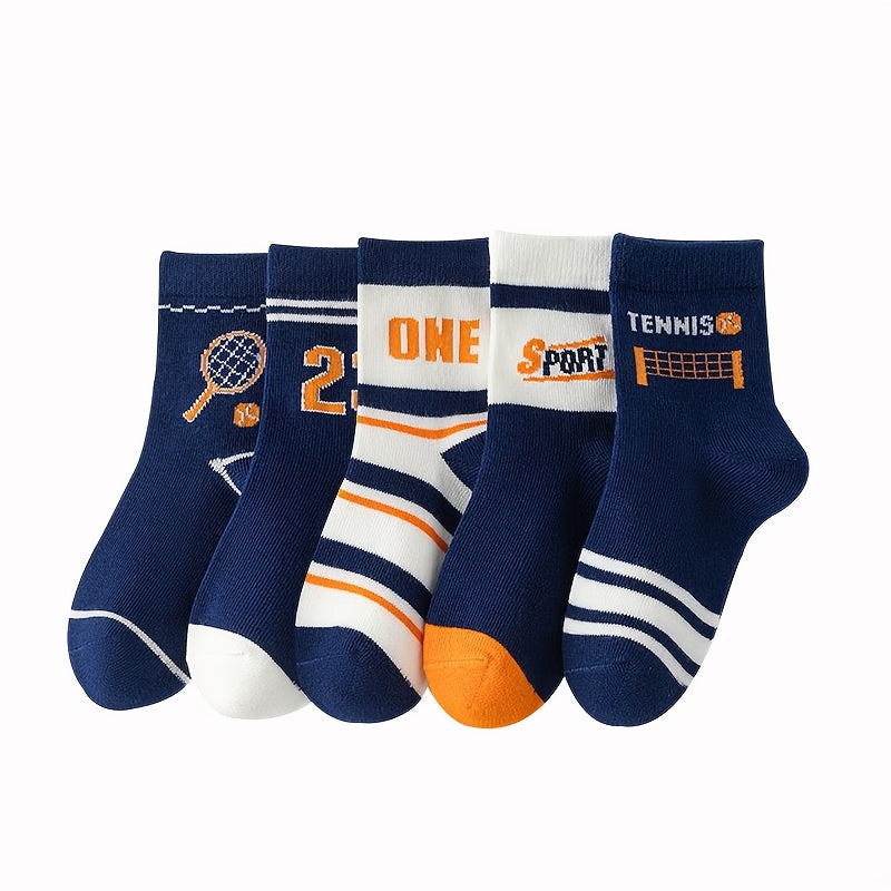 10 pairs of kids cartoon sports calf socks made from a polyester blend with 5% Spandex, knit fabric, all-season comfort, hand wash only, for children aged 0-14.