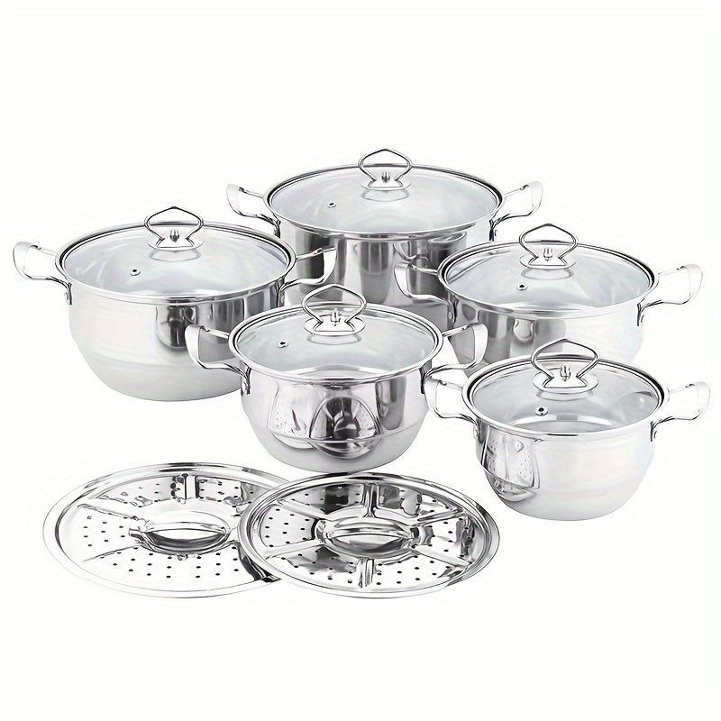 Stainless Steel Kitchenware Set Including 12 Pieces of Basic Cookware with Steamer, Frying Pan, and Soup Pot. Compatible with All Stoves, Perfect for Outdoor Camping. Silvery Finish.