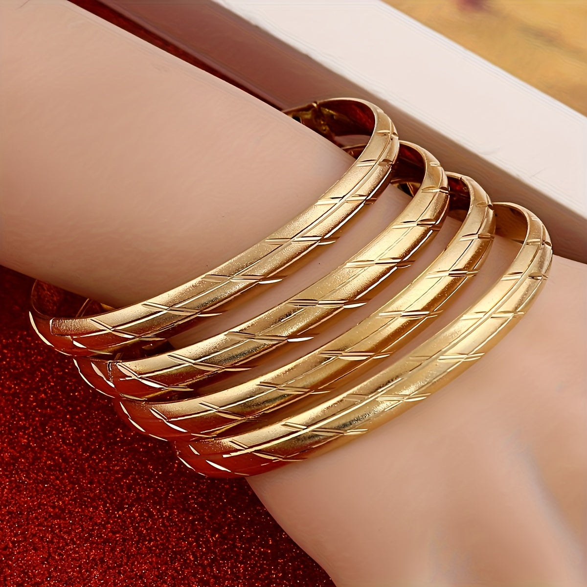 Set of 4 Bohemian African Style Women's Fashion Bangle Set, Copper Plated with Golden Finish. Great for Engagements, Weddings, Parties, and as a Gift. Suitable for All Seasons and Particularly Perfect for Lunar New Year Celebrations.