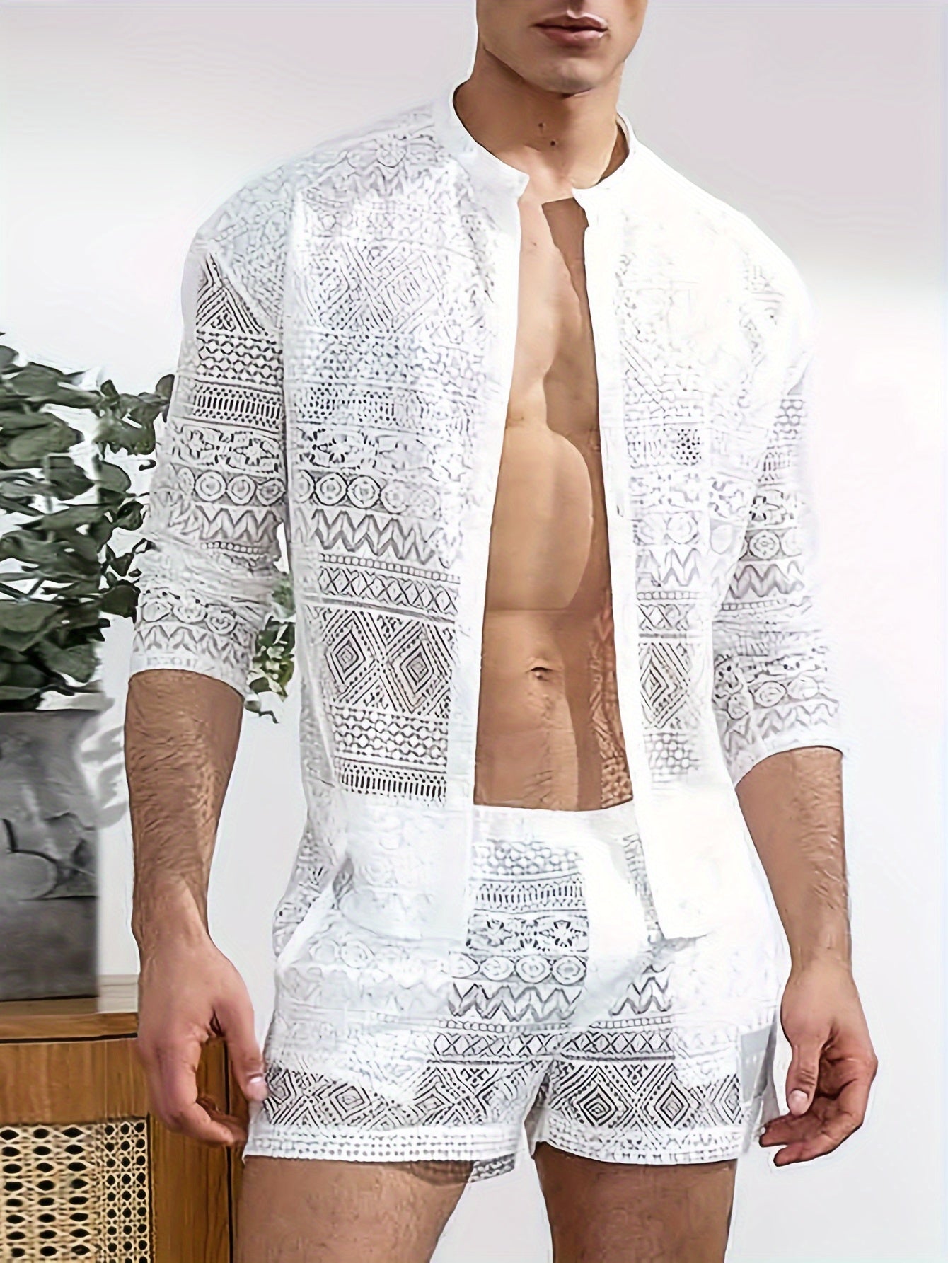 Men's lace sheer shirt + shorts set for beach and night club, perfect for summer.