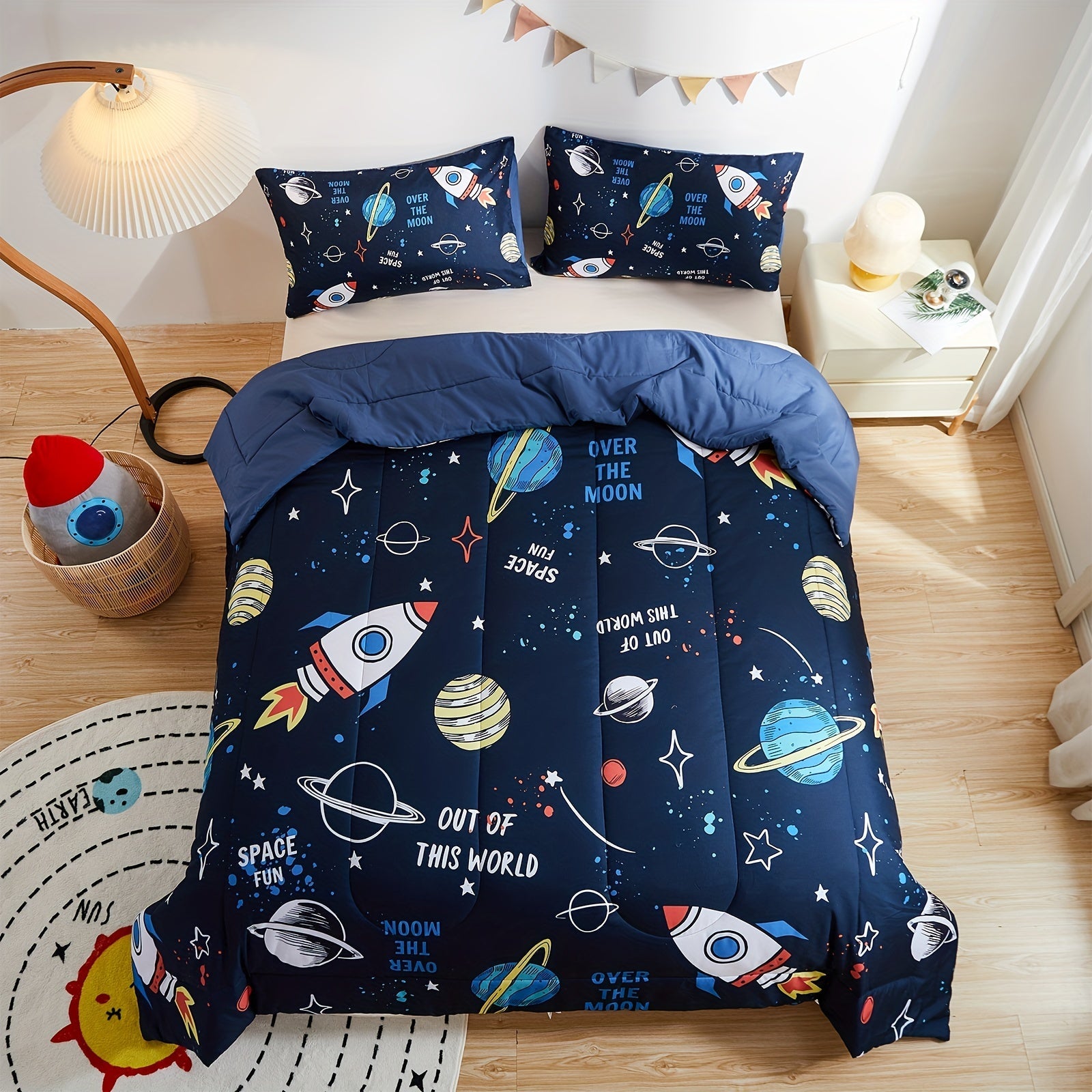 Queen Size Space Rocket Bedding Set with 3 Comforters for Home Decor