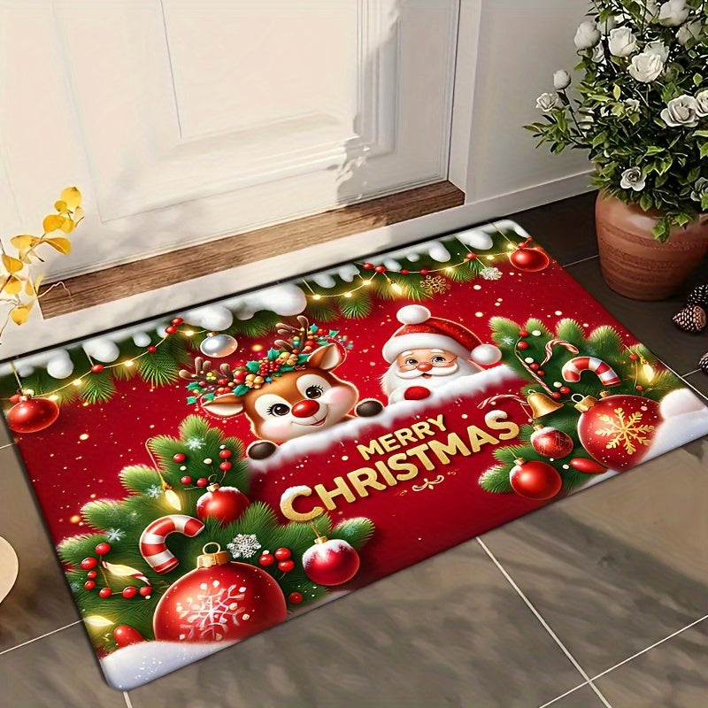 Get into the holiday spirit with this festive red flannel Christmas carpet featuring a non-slip Santa Claus and reindeer pattern. This thickened sponge carpet is perfect for adding a touch of Christmas cheer to your home decor. Use it as a door mat