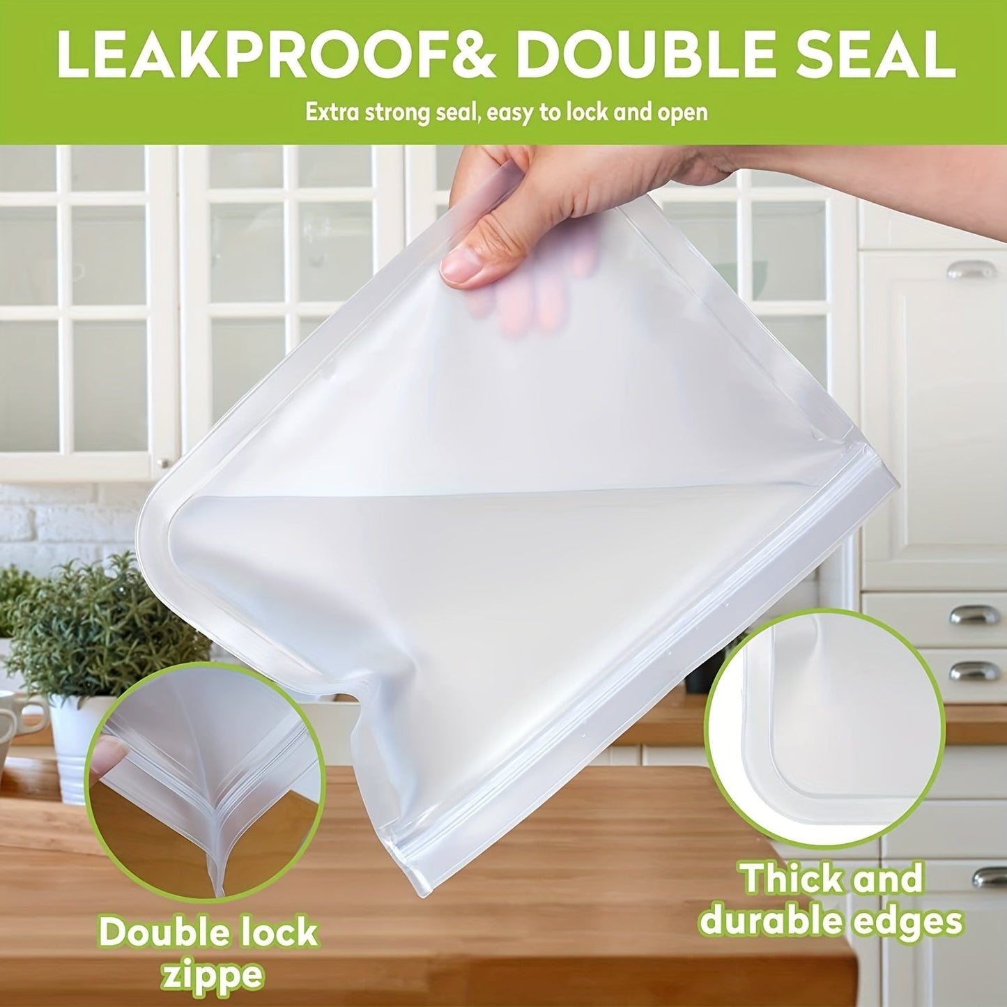 Dishwasher Safe Reusable Freezer Bags - Set of 10, BPA-free and Extra Thickened. Leakproof Silicone and Plastic Free Storage Bags for Meats, Cereal, Sandwiches, Snacks, and Organizing Your Kitchen. Includes Kitchen Accessories for Easy Storage.