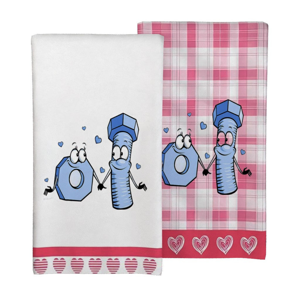 Two pieces of Valentine Heart design kitchen towels, measuring 45.72 x 66.04 cm each. These towels are perfect for all seasons, making them a great gift for camping enthusiasts. They are machine washable and feature long-lasting vibrant colors.