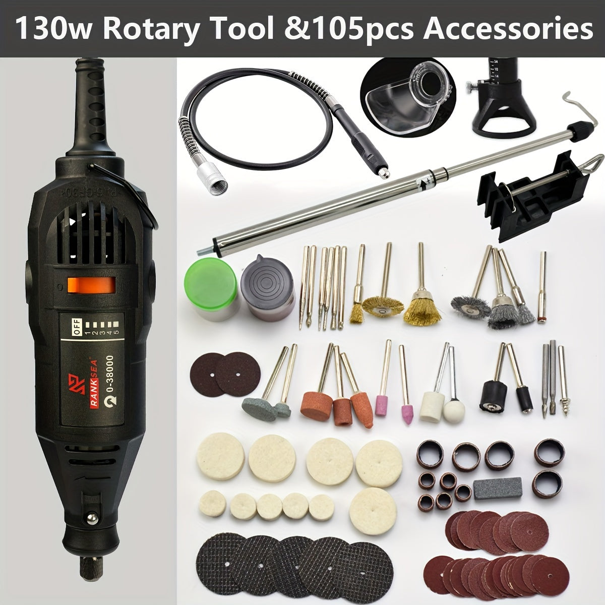 Rotary tool kit with 5 speed adjustments and 218 accessories for various projects.