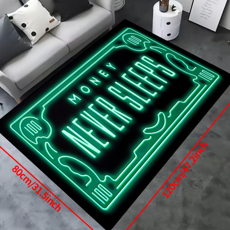 Money Never Sleeps Rug: This non-slip resistant mat features a print design and is machine washable and waterproof, making it perfect for use in the living room, bedroom, nursery, patio, garden, or yard. Enhance your home decor with this versatile rug.