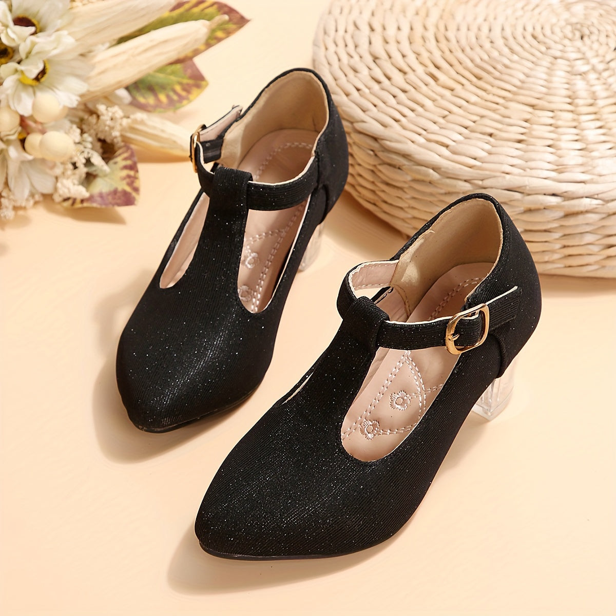 New Crystal Embroidered Flower High-heeled Shoes for Women and Children in Spring and Autumn.