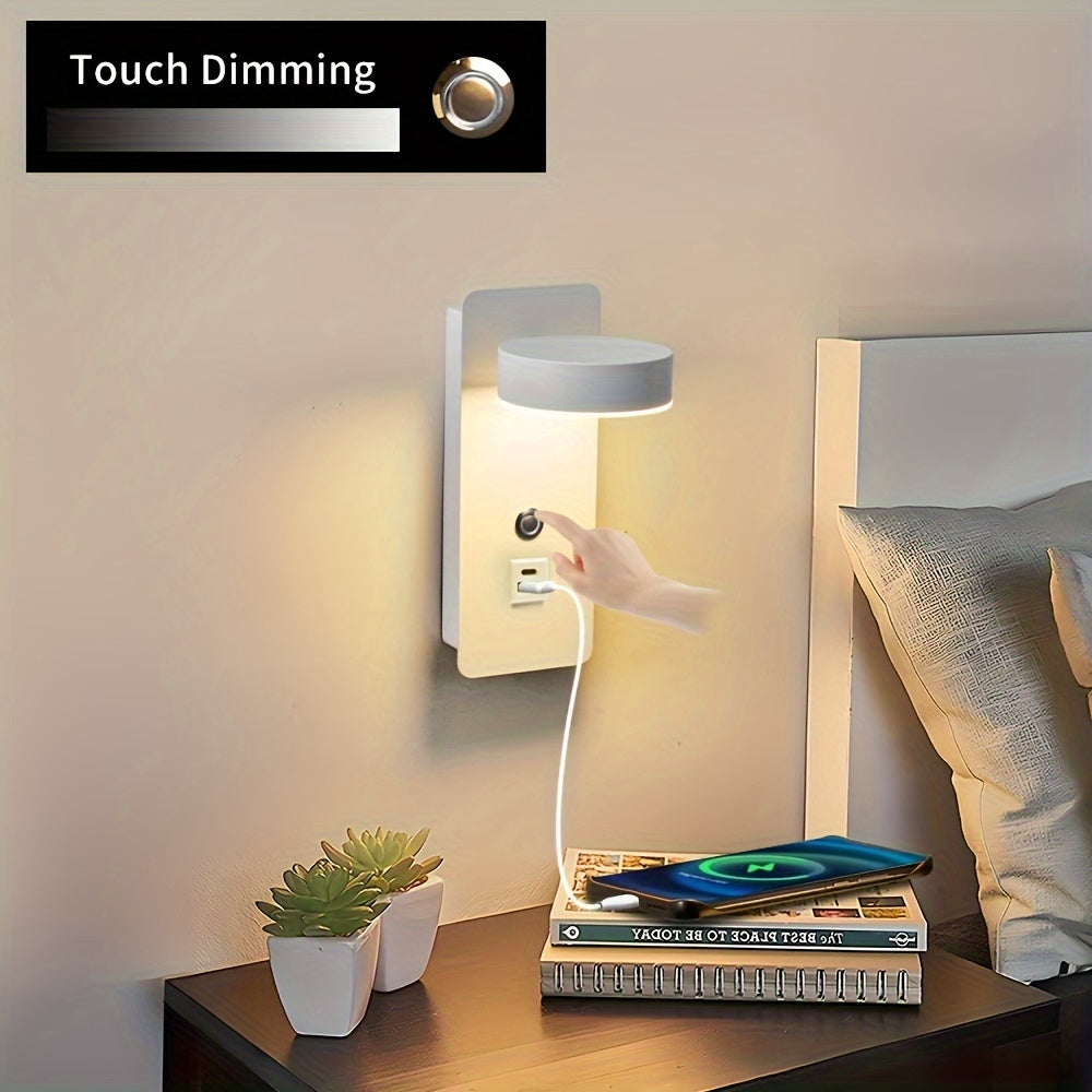 Wall-mounted reading lamp with dimming switch, 350° rotatable, USB port, touchable dimming 9W.