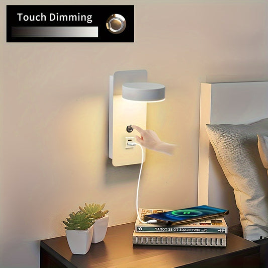 Wall-mounted reading lamp with dimming switch, 350° rotatable, USB port, touchable dimming 9W.