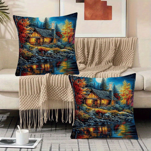 Set of 2 Contemporary Flannel Pillow Cases, 45.72x45.72 cm, Featuring Lakeside Lodge Scenery, Easy to Clean in Washing Machine, Zippered Closure, Ideal for Year-Round Comfort for Those Who Sleep on Their Back, Adds Style to Indoor and Outdoor Sofas