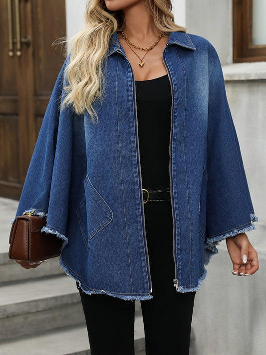 Elegant style batwing sleeve cape denim coat for plus size women, along with denim jeans and clothing.