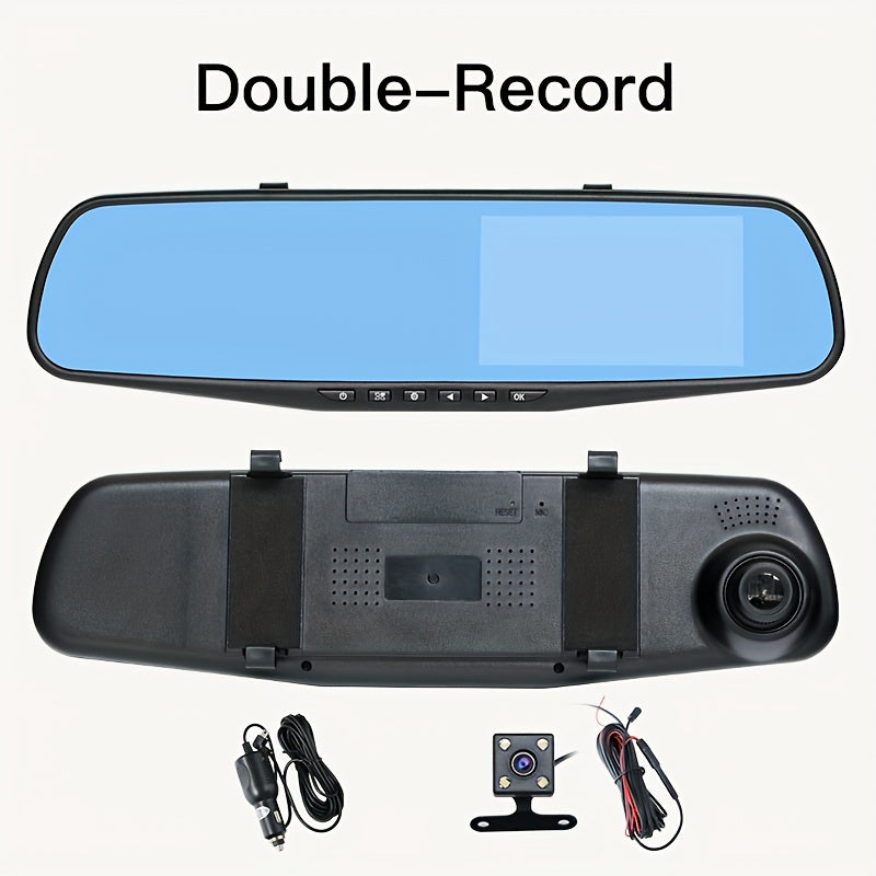 Rechargeable HD 1080P dual-view car dash cam for front and rear panoramic recording, USB powered.