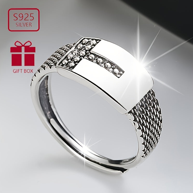 VIGG S925 Sterling Silver Hip Hop Style Geometric T-Shape Adjustable Open Ring for Men and Women, Unisex Punk Festival Fashion Jewelry, Perfect for Daily Wear and All Seasons