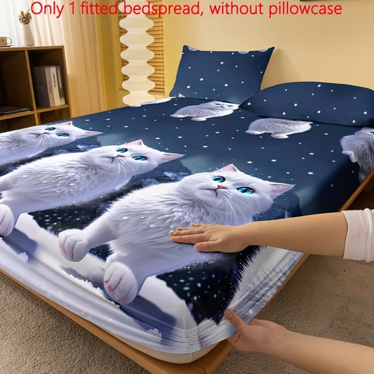 Soft and comfortable snow blue eyes white cat print fitted sheet, perfect for bedroom or guest room. This brushed fitted sheet comes with deep pockets and is designed as a mattress protector. Pillowcase not included. Get just the fitted sheet for a