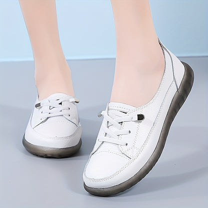 Women's Genuine Synthetic Leather Sneakers in White, Red, and Black options. Lightweight, non-slip, soft sole for all-season casual wear. Classic lace-up design with durable PVC sole.