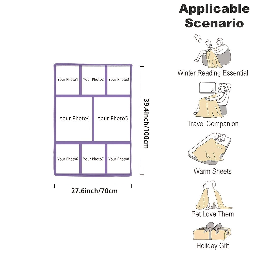 Customize your cozy flannel blanket with a personal photo! This soft and warm memory blanket is perfect for couples or families and is ideal for use in the office, bed, sofa, armchair, napping, camping, or travel. The machine washable blanket features a