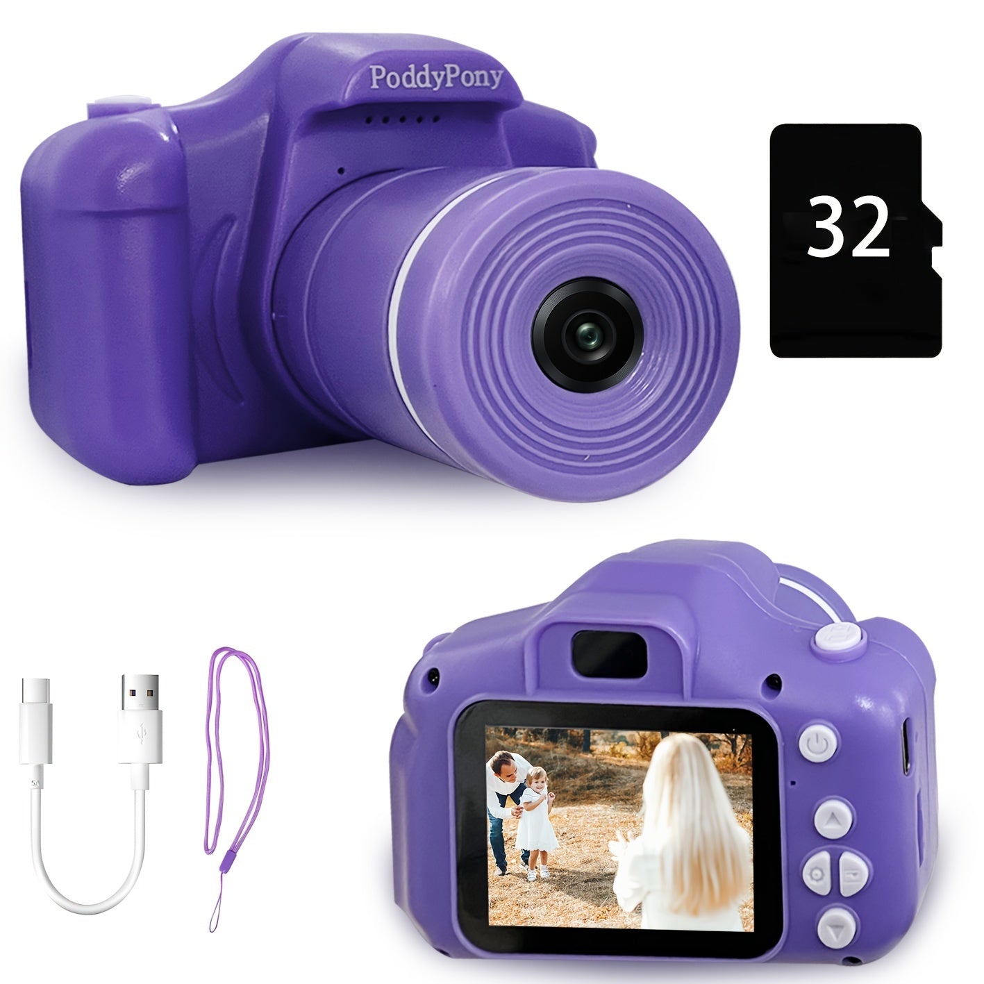 HD kids' camera with long lens - ideal gift for children 3-12, includes 32GB memory card, in pink/purple/blue/black options.