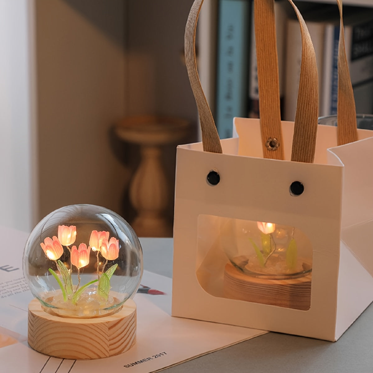 Modern handmade glass tulip night light with switch control. Perfect gift for Mother's Day or birthday. Battery-powered (battery not included).