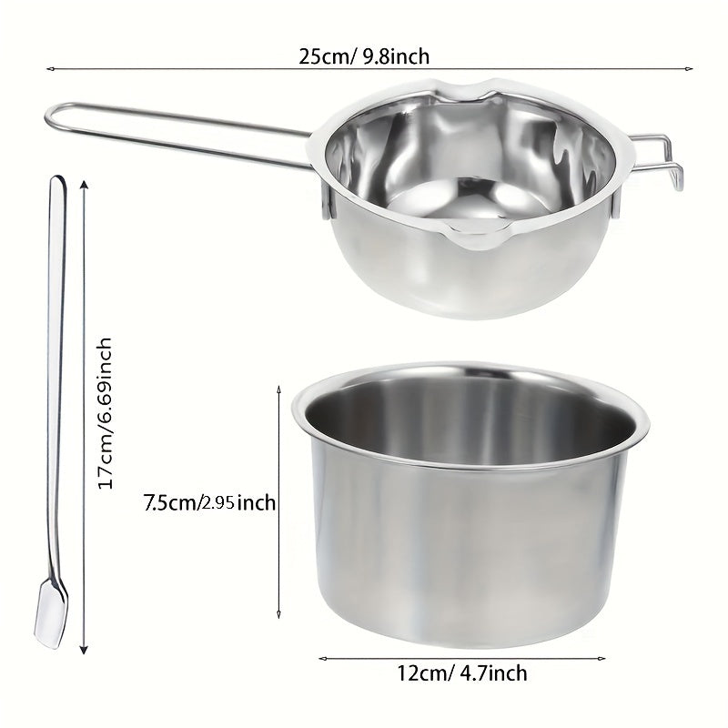 Set of 3 Double Boiler Pots Including 400ML Stainless Steel Pot and Spoon - Ideal for Melting Chocolate, Candy, Soap, Wax, and Candle Making - Essential Kitchen Accessories for Baking and Cooking