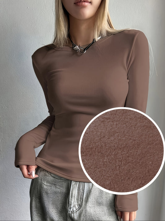 Women's Thermal Knit Top - Solid Color, Long Sleeve, Polyester - Warm Baselayer for Fall/Winter