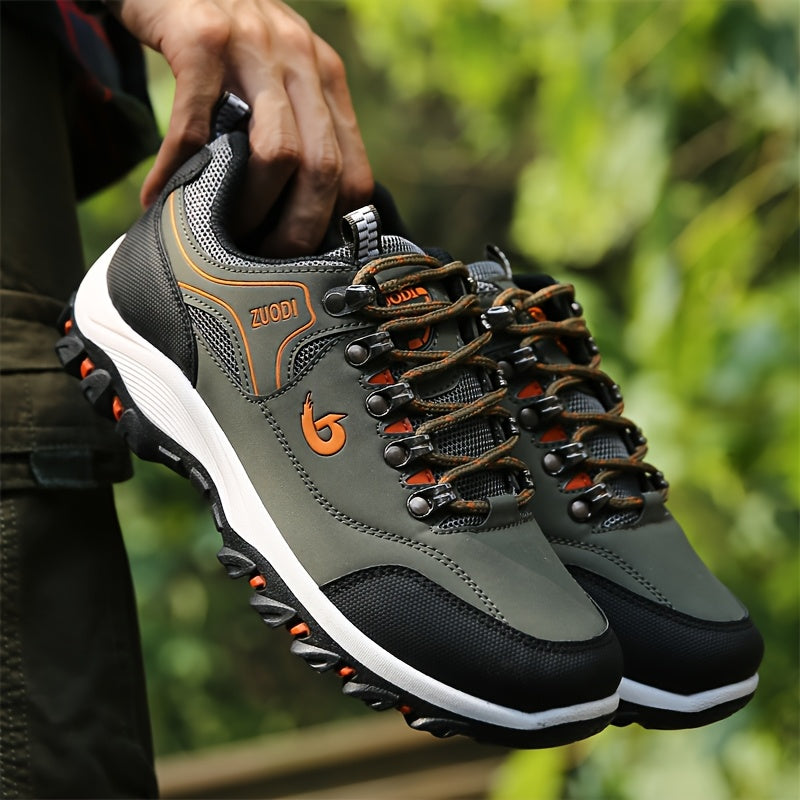 Men's durable lace-up hiking shoes, suitable for hiking, trail running, and casual sports activities, with slip-resistant soft soles for outdoor comfort.