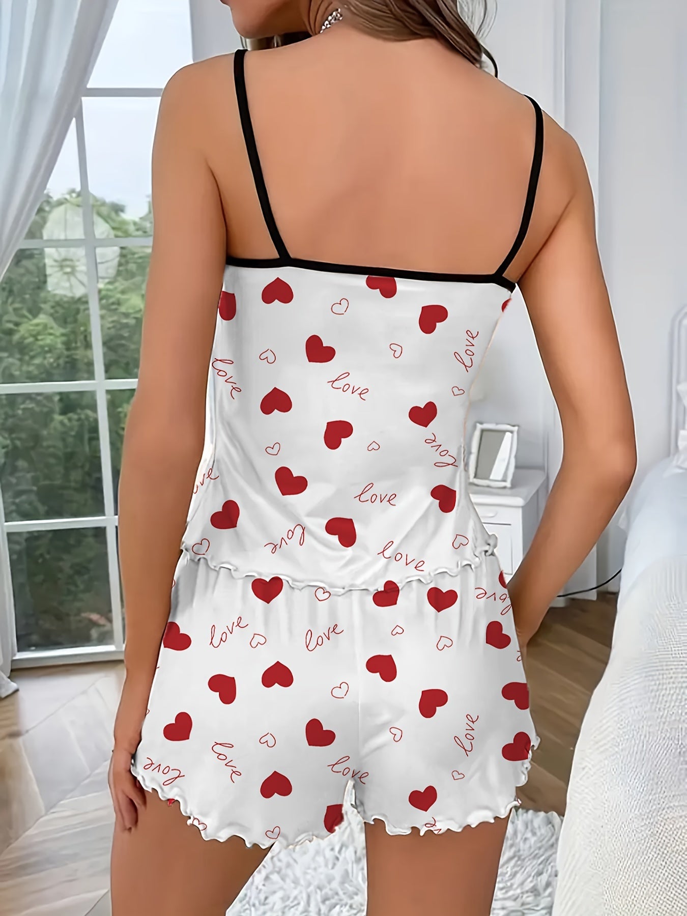 Women's Sleepwear Set with Heart Print, Frill Trim. Includes Backless Cami Top and Elastic Shorts.