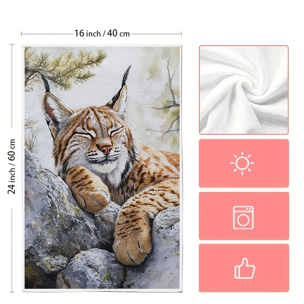 Set of 2 Ultra Soft Kitchen Towels featuring a Serene Lynx Resting on Rock Design, Perfect for Drying Dishes. Highly Absorbent & Machine Washable, Adds a Contemporary Coastal Decor Touch to Your Kitchen. Each Towel Measures 40.64x60.96 cm.