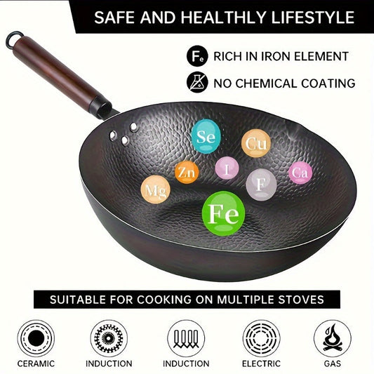 Durable 12-Inch Wok Handcrafted from Hammered Iron, Non-Stick and Uncoated for Versatile Cooking on Electric, Gas, and Halogen Stoves - A Multi-Functional Kitchen Essential