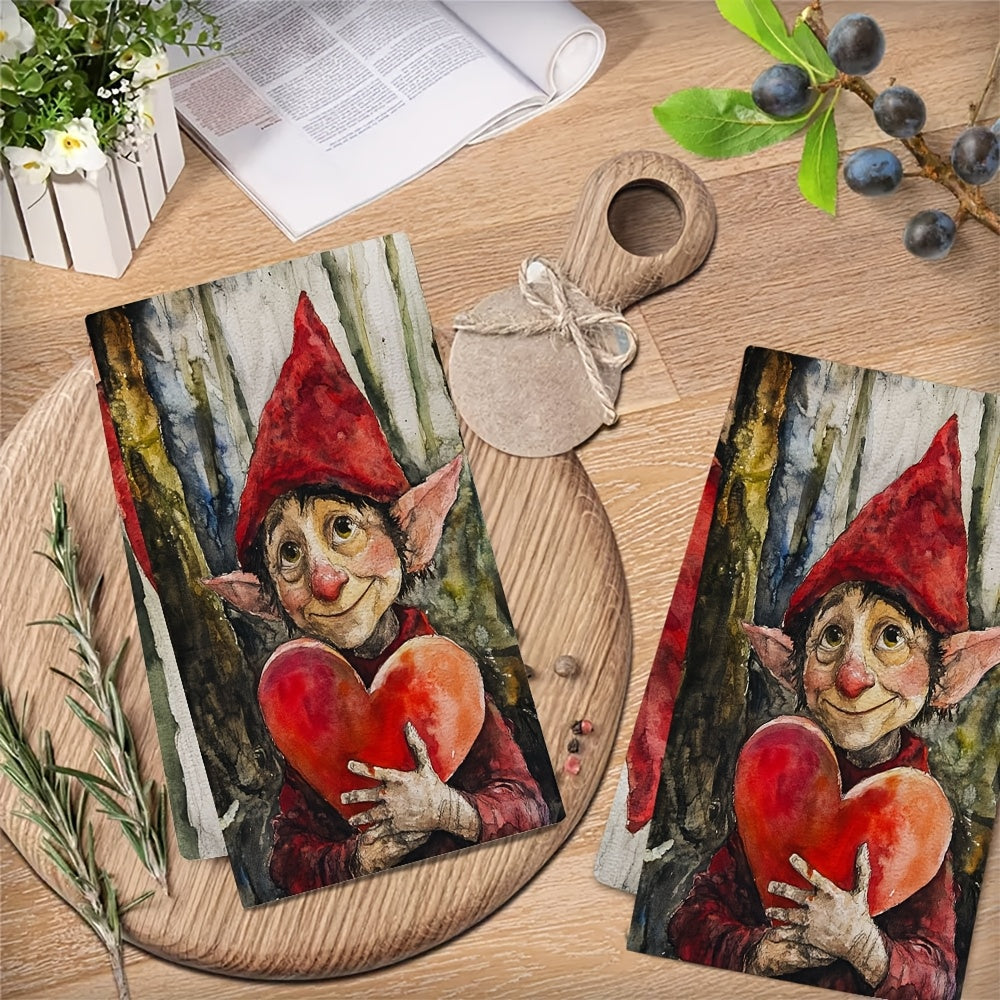 Get a pair of ultra-soft kitchen towels with a Valentine's Day elf design, perfect for holiday decoration. These towels are highly absorbent, machine washable, and measure 40.64X60.96 cm.