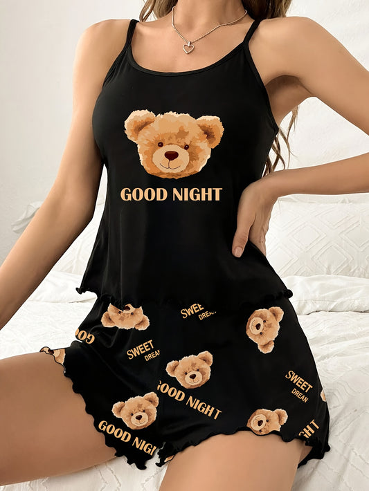 Cartoon teddy bear print pajama set with "Good Night" lettering, made of polyester knit fabric for casual style, suitable for adult sleepwear in all seasons. Features fine straps, perfect