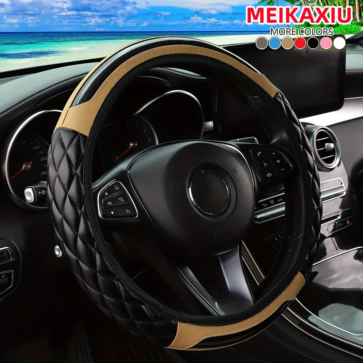 MEIKAXIU 3D Embroidered Crystal Carbon Fiber Faux Leather Steering Wheel Cover, Universal Fit for 36.83-38.1 cm, Available in 5 colors.