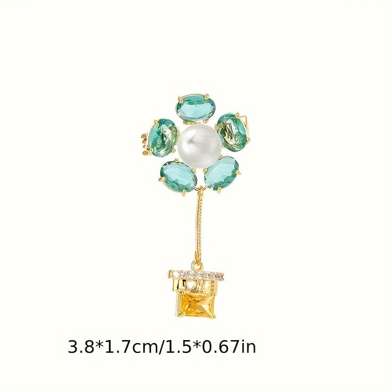 Elegant Vintage-Inspired Green Zirconia and Pearl Flower Pot Brooch, Quirky Plant-Shaped Fashion Pin with a Touch of Simplicity, Luxurious Designer Accessory