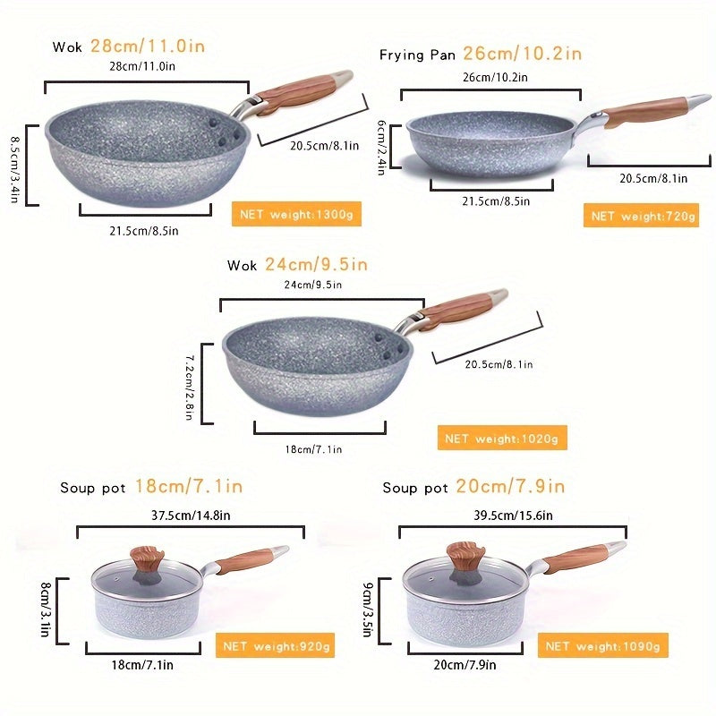 Maifan Stone Non-Stick Cookware Set includes 3 pieces with Wooden Grain Handles and Tempered Glass Lids. Made with Durable Aluminum Construction, these versatile Pots and Pans are suitable for use on various stovetops. Ideal for Boiling, Sautéing, and