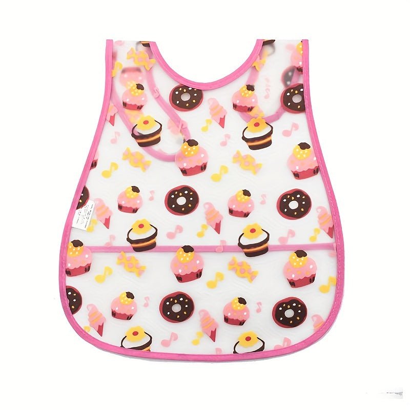 Waterproof bib for boys and girls with snap closure, dirt-resistant pockets, cute strawberry and car prints, made of comfortable EVA material. Suitable for universal feeding, featuring