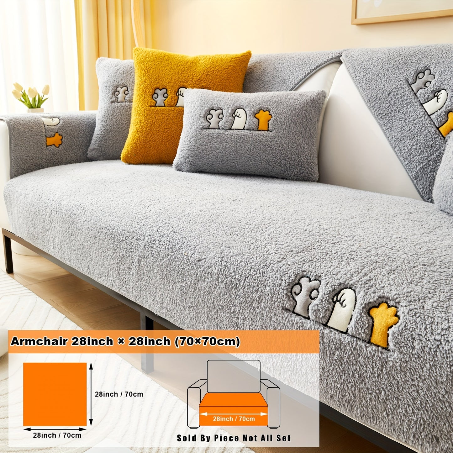 Modern plush sofa cover with paw pattern embroidery, non-slip protection for sofas, machine washable and suitable for various types of furniture.