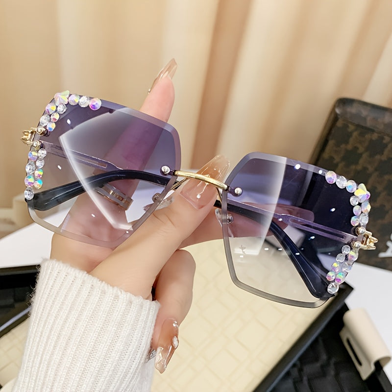 2 rhinestone rimless fashion glasses for women with gradient lenses, metal frames, and casual yet fashionable design.