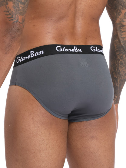 3 pack of men's underwear in dark gray, navy blue, and black with "GLAWNBAN" waistband, made of comfortable polyester blend. Stretchy, breathable, and supportive. Machine washable with