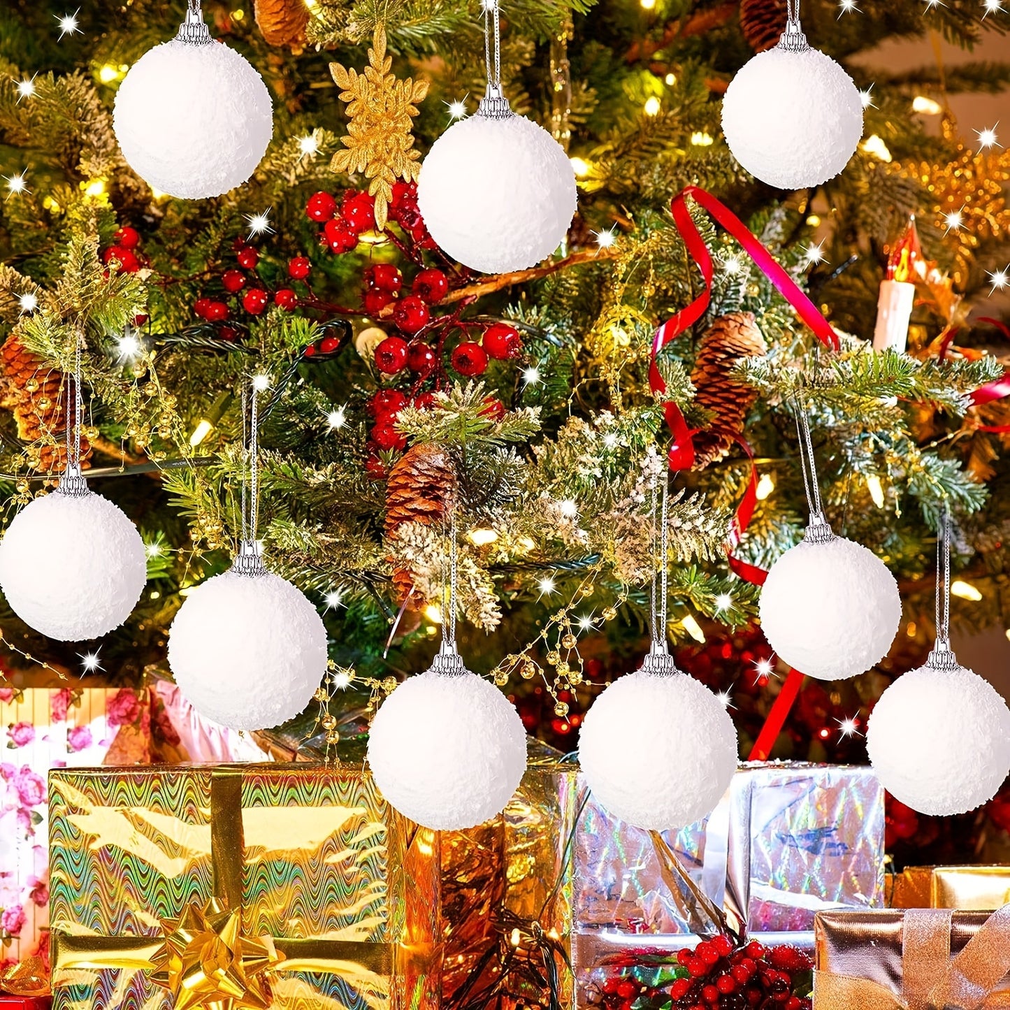 24 classic Christmas snowball ornaments, 3.99cm foam balls for tree decoration - no electricity required, ideal for festive home and party decor.