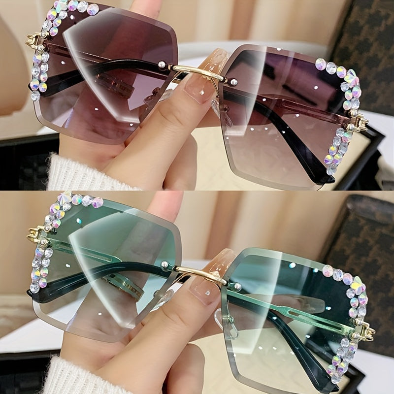 2 rhinestone rimless fashion glasses for women with gradient lenses, metal frames, and casual yet fashionable design.